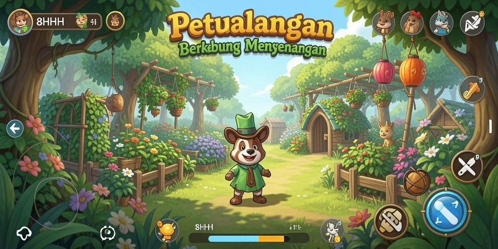 Tampilan gameplay 8HHH dengan kebun yang subur dan hewan ternak.