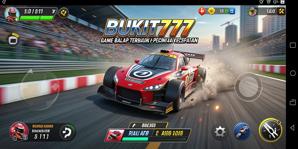 Tampilan gameplay BUKIT777 menampilkan balapan yang seru dan mobil yang kencang.