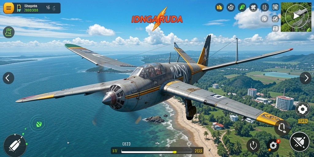 Tampilan gameplayIDNGARUDA saat menerbangkan pesawat dalam cuaca dinamis.
