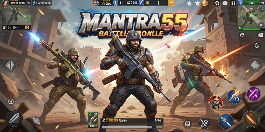 Screenshot MANTRA55 menunjukkan pertempuran intens dalam mode Battle Royale.