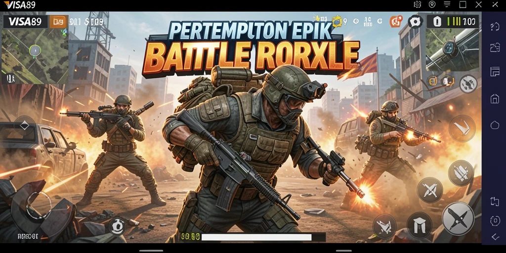 Screenshot utama VISA89 menampilkan pemain bertempur di medan perang Battle Royale.